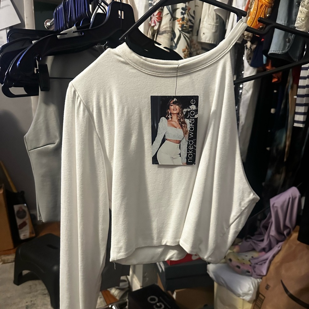 Naked Wardrobe Off-White one shoulder Crop Top